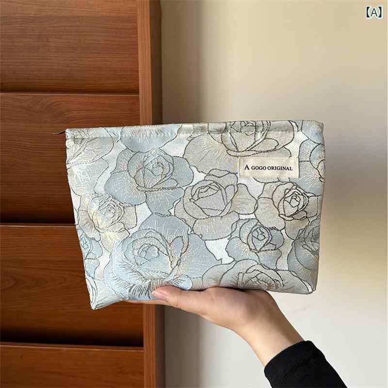 Rakuten - ミニバッグ 男女兼用 かわいい 刺繍 花柄 化粧ポーチ 大容量 収納 洗漱袋 トイレタリーバッグ 日常使い 軽量 ポリエステル 帆布裏地 金縁ローズ ピンク ブルー シルバー 香槟 春 花卉 プリント