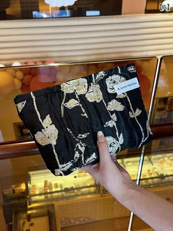 メンズ 化粧ポーチ 提花 金糸 スキンケア 収納袋 旅行 洗面具 ポーチ 帆布 ハンドバッグ 女性用 ポリエステル 花柄 花 刺繍 キャンバス ブラック ゴールド 花束 シャンパン 花束 通勤 普段使い 軽量 通気性 秋冬