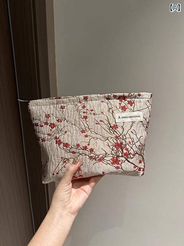 化粧ポーチ レディース 梅花刺繍 スクエアバッグ 旅行収納 手持ち鞄 トートバッグ 洗面具ケース 帆布 花柄 花朵柄 国風 赤系 青系 秋 軽量 日常使い カジュアル