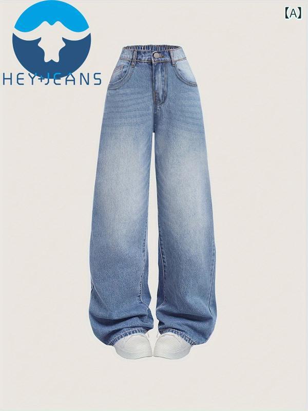 Long-Trousers, Trousers - キッズ 女の子 牛仔パンツ デニム ワイドレッグ 高腰 長ズボン 綿 酵素洗 純色 ライトブルー ミッドブルー 伸縮性 通学 普段使い カジュアル 快適 軽量