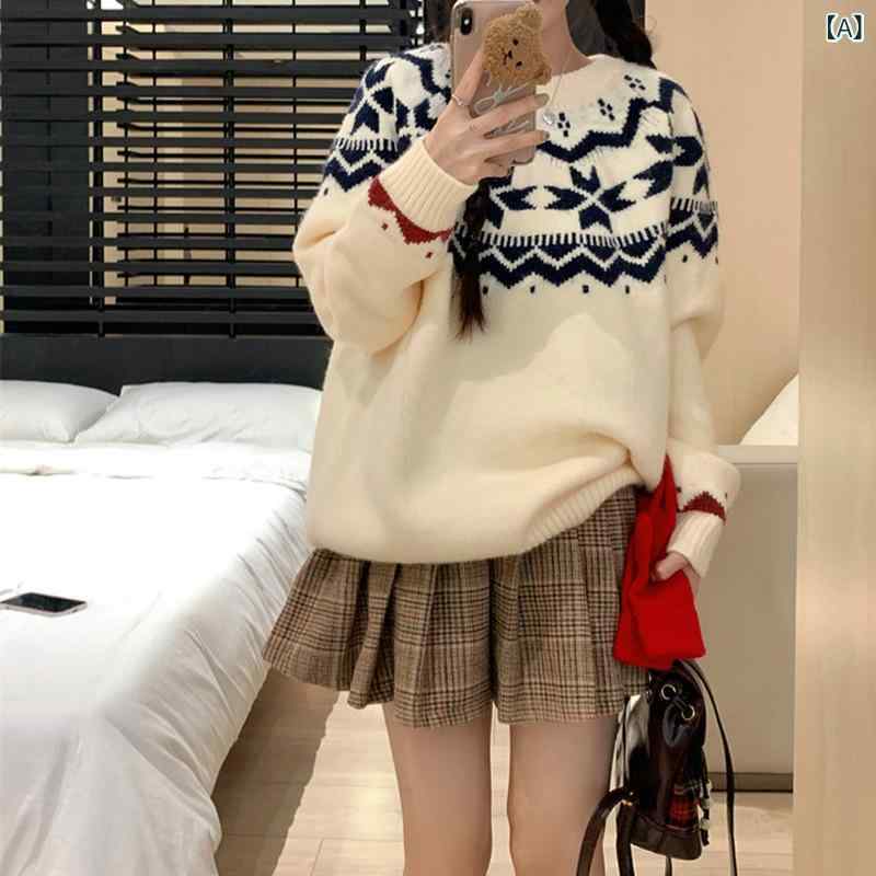 Three-Quarter Knit - 秋冬 ニット セーター レディース フェアーアイル 提花 切り替え カラーブロック 丸首 長袖 ルーズフィット ソフト ゆったり トップス プルオーバー 接触冷感 再生繊維 米白 グレー 日韓カジュアル 普段使い 部屋着
