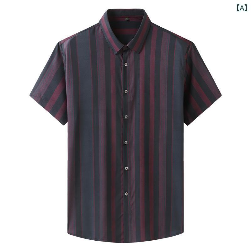 Casual Shirts - 短袖シャツ メンズ 男性用 大きいサイズ ゆったり 夏 薄手 ポリエステル混紡 伸縮性 グラデーション条紋 数码印花 方領 開襟 赤条紋 孔雀緑 日常 通勤 ビジネス カジュアル