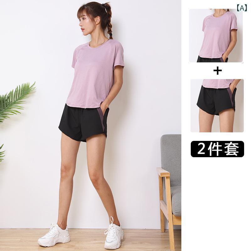 Tops - レディース 運動セット 夏 春夏 フィットネス ジム ランニング ヨガウェア トップス ショーツ 薄手 伸縮性 吸湿速乾 接触冷感 ポリエステル 紫 赤 紺 黒 ブラック ピンク系 ブルー ホワイト