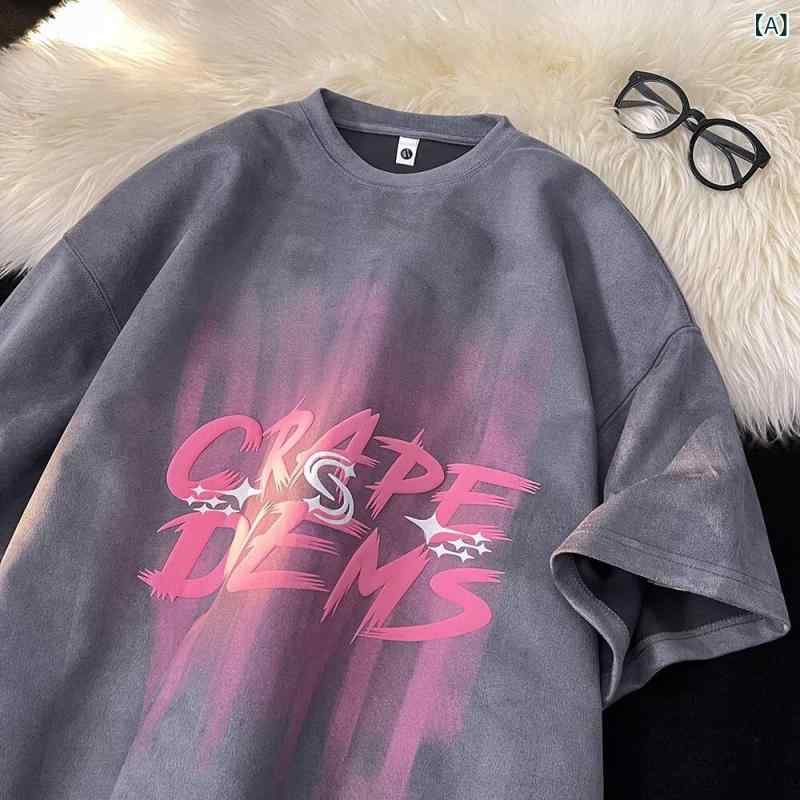 Rakuten - Tシャツ メンズ 半袖 短袖 ルーズフィット 鹿皮绒 スエード風 接触冷感 吸湿速乾 透気性 耐摩耗 印花 プリント アルファベット柄 夏 春夏 深グレー ミリタリーグリーン 杏色 日常使い カジュアル
