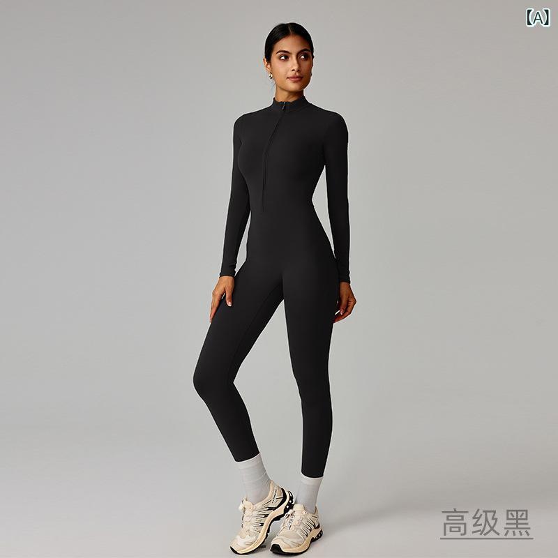 Sportswear - レディース ヨガウェア 長袖 連体 タイツ ジッパー 裸感 吸湿速乾 接触冷感 ナイロン 再生繊維 ハイストレッチ フィットネス ランニング ダンス サイクリング ハイキング 通勤 部屋着 ブラック ブラウン グレー ネイビー グリーン ブルー ベージュ