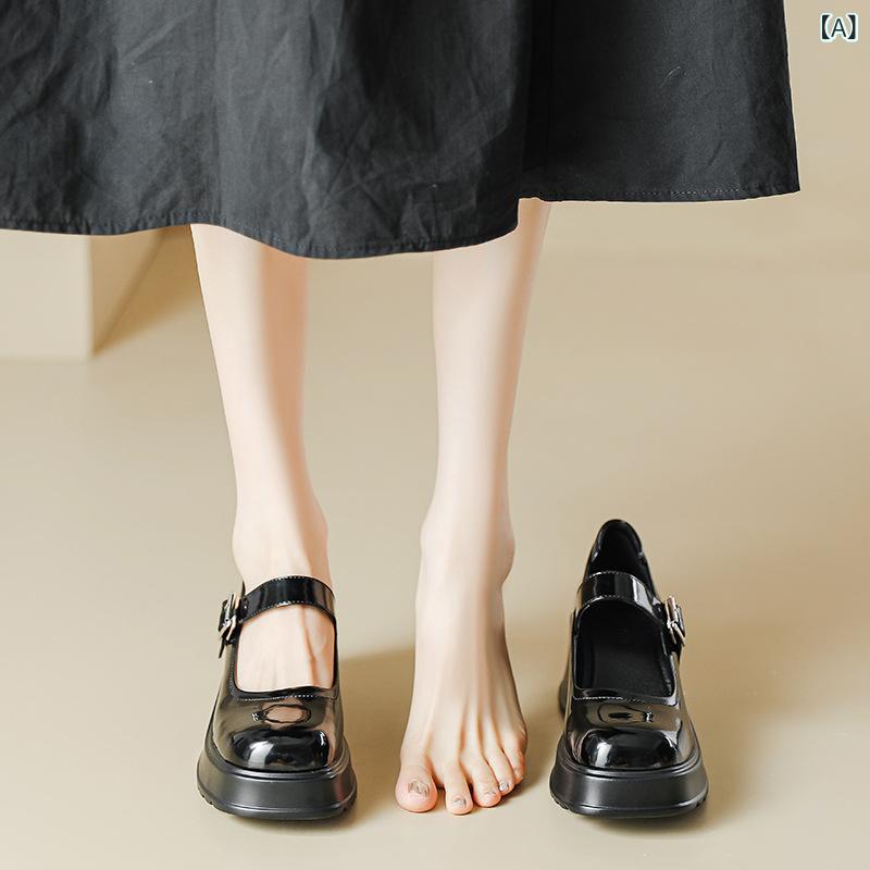 メアリージェーンシューズ 女性用 粗跟 厚底 単靴 低幫 方頭 ストラップ バックル 超繊維 合成皮革 PUソール 純色 ブラック 米白 通勤 普段使い 復古 甘め かわいい 軽量 防水台 日常履き 通年(4.0)