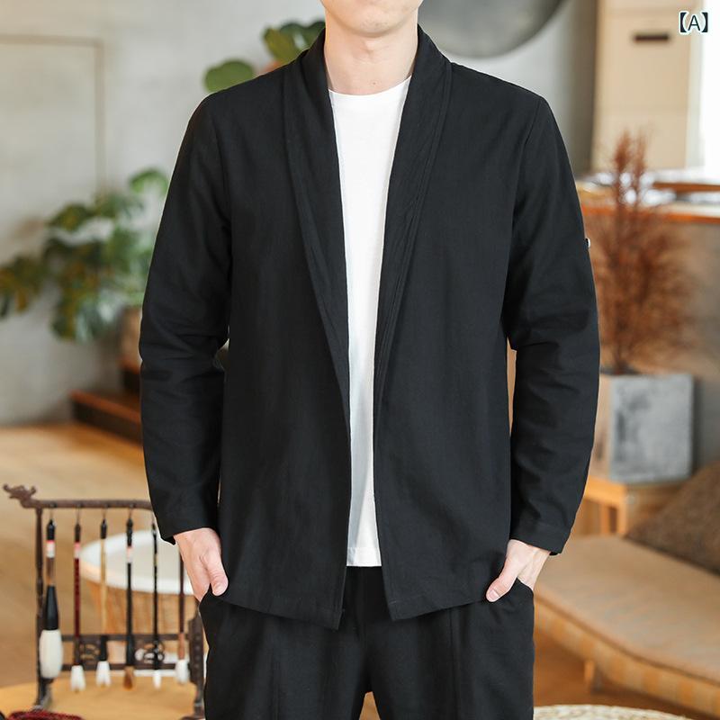 Pants - メンズ ジャケット 薄手 綿 中華風 開衫 トップス コート 古着風 ルーズフィット 春 春夏 ブラック グレー系 ネイビー ワインレッド ゆったり 大きいサイズ 青年用 普段使い 外出着 カジュアル 軽量 通勤 伸縮性 吸湿速乾 切り替え