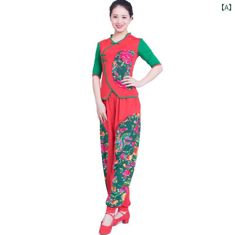 Tops - ダンスウェア 女性用 中袖 セットアップ 切り替え トップス フレアパンツ 碎花柄 接触冷感 再生繊維 伸縮性 春夏 秋 紅 緑 ピンク系 花柄 フィットネス ヨガ ダンス 運動 通勤 普段使い 軽量 吸湿速乾