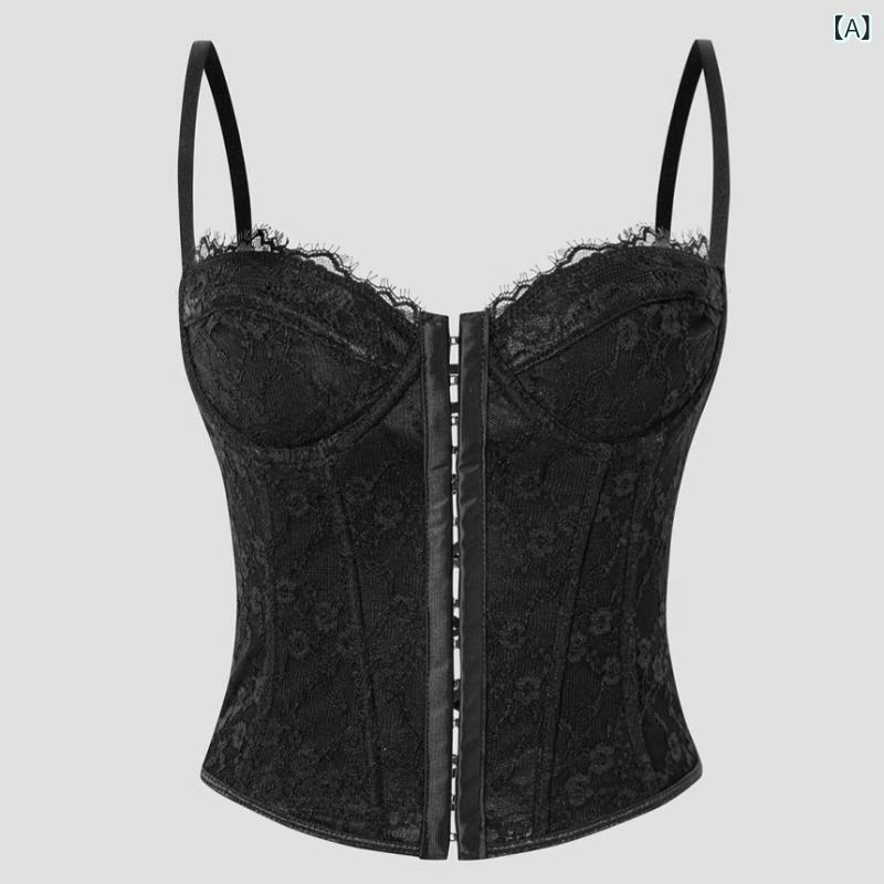 Camisoles - キャミソール レディース 魚骨 ワイヤー ステルスブラ バックレス ショート丈 背中開き セクシー ピュアカラー レース 吊り紐 切り替え 修身 微弾性 再生繊維 ブラック ホワイト 街頭ストリート 欧美風 性感 短め丈 肩紐固定 スパイシースタイル