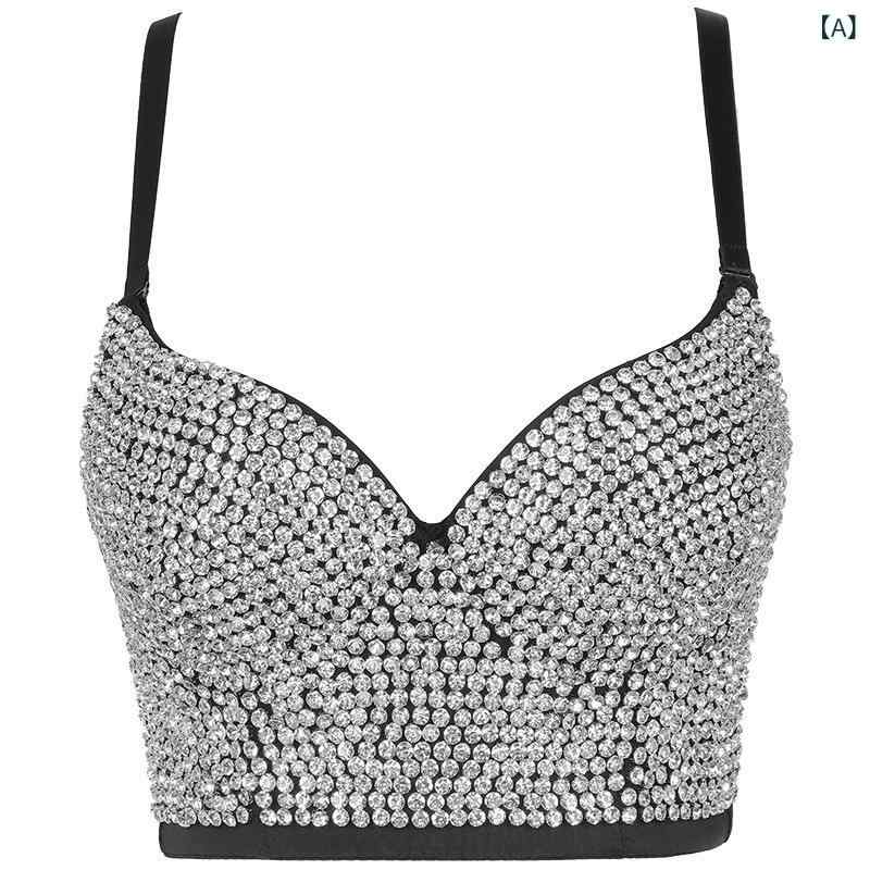 キャミソール ブラ 女性用 吊り下げ 背中見せ 透け感 黒 白 透明 ナイトアウト ストリートファッション セクシー スパイシー 綿混 ポリエステル アウトドア 微弾性 修身 超短丈 肩ストラップ 取り外し可能 切り替え ビーズ装飾 抽象柄 春夏