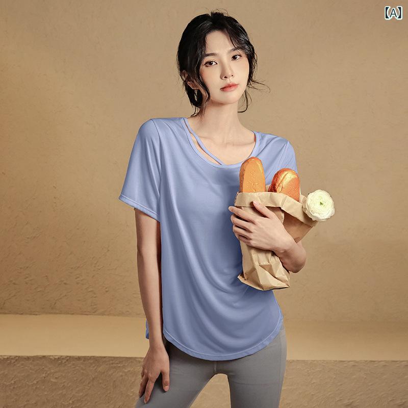 Tops - Tシャツ レディース 夏 短袖 ゆったり ミドル丈 接触冷感 吸湿速乾 透気性 再生繊維 ストレッチ 女性用 トップス 運動 ランニング ヨガ ピラティス フィットネス ジムウェア 普段使い ブルー ブラック ホワイト ピンク