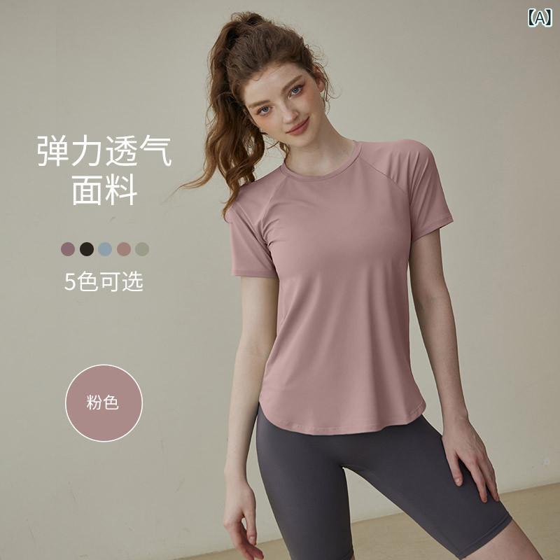 Tops - Tシャツ 女性用 ゆったり 短袖 春夏 ピンク ブラック ブルー グリーン パープル 吸湿速乾 透気性 接触冷感 再生繊維 ストレッチ ランニング フィットネス ヨガ ピラティス トップス ルームウェア