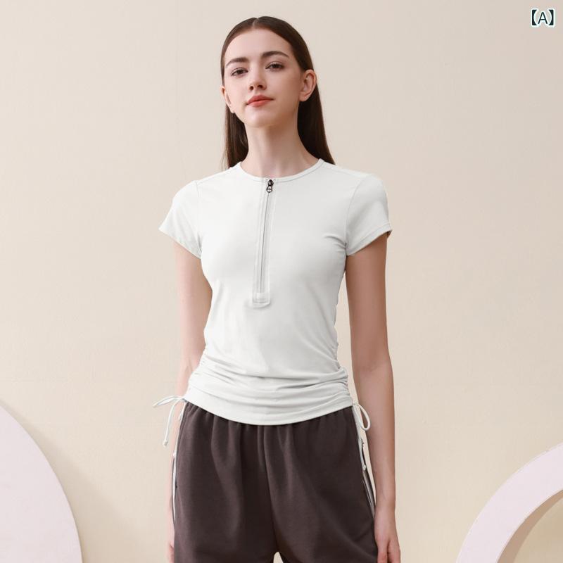 Ladies Wear - レディース 半拉链 短袖 トップス ヨガウェア フィットネス 運動Tシャツ 引き紐 デザイン スリム 弾力 伸縮性 接触冷感 薄手 春夏 秋 白色 紫色 ブラック ブルー グリーン オレンジ ランニング ダンス 再生繊維 混紡 ニット ニロン ハイストレ