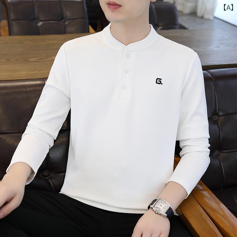 メンズ 長袖 Tシャツ 古巴襟 3つボタン 刺繍 直筒 トップス フーディ 打底 秋冬 春秋 ポリエステル 白色 ブラック 杏色 グリーン 加绒 休闲 トレンド ファッション 上着 青年 メンズカジュアル 長袖 刺繍ロゴ ポケット 直線シルエット