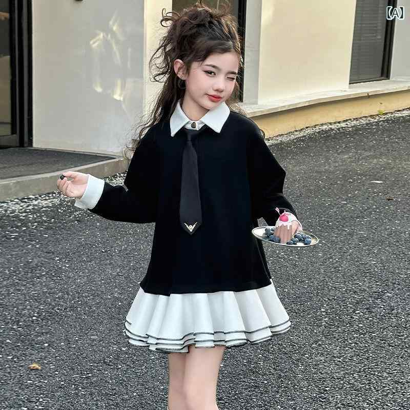 Skirt Set - 女の子 ワンピース 女児 中大童 春秋 韓版 ゆったり Aライン ロングスリーブ ブラック 赤 プリンセス風 スタンドカラー トレンド ポリエステル 切り替え かわいい 洋気 潮 ファッション トップス ドレス スカート プリンセスドレス