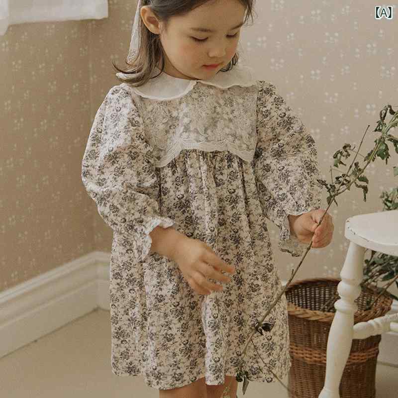 子供服 女の子用 ロリータ プリンセス ワンピース 秋冬 長袖 綿 コットン 柔らかい 生地 花柄 プリント 黒 ブラウン 碎花 田園 プリンセススカート フレアスカート かわいい 韓風 3〜8歳 中小童