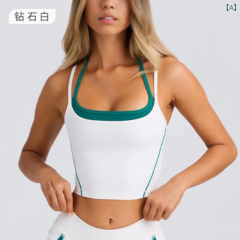Tops - レディース 運動 インナー 背心 短パン 吊り下げ ブラ 美背 タイト ストレッチ 透気性 ニット混紡 ナイロン スパンデックス セット フィットネス ランニング ヨガ 秋冬 春 ジルコニアホワイト ダークグリーン ピンク系 ブラック 青年女性用 短袖