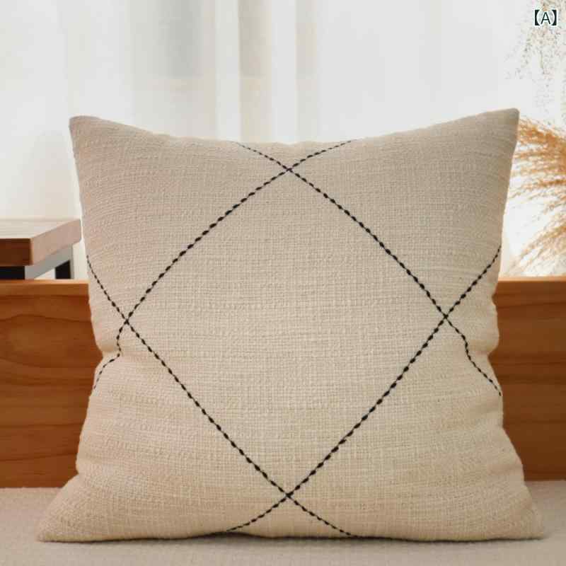 Rakuten - 抱枕カバー メンズ レディース 綿麻 100%綿 米色 ベージュ アイボリー 幾何学刺繍 抽象柄 シンプル 北欧 モダン リビング ソファ クッションカバー 室内装飾 日常使い 通年