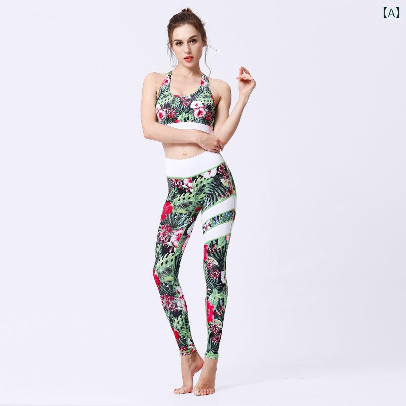 Pants - レディース ヨガウェア セット トップス ブラ ヨガパンツ 吸湿速乾 接触冷感 ポリエステル スパンデックス 切り替えプリント 美背デザイン フィット 九分丈 ハイウエスト 無袖 緑系 ピンク系 パープル系 通年 フィットネス ランニング ダンス