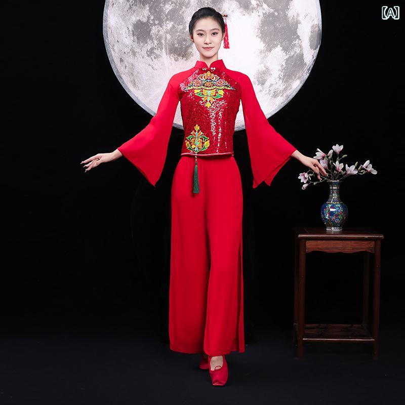 ・カテゴリ: ダンス服・主な素材: ポリエステル・カラー展開: 赤亮片セット、ピンク亮片セット、青亮片セット、赤亮片トップス（単品）、ピンク亮片トップス（単品）、水色亮片トップス（単品）、赤シフォンパンツ、ピンクシフォンパンツ、水色シフォンパンツ・サイズ展開: M、L、XL、2XL、3XL、4XL、5XL、6XL、7XL
