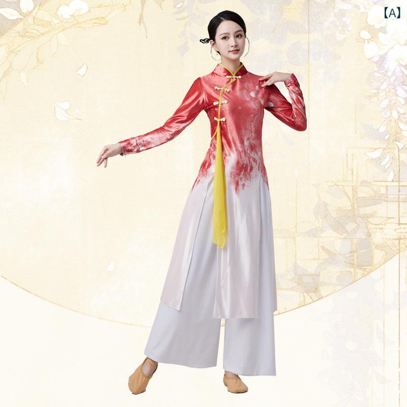Tops - 民族舞衣 女性用 秋冬 セットアップ チャイナドレス風 長袖上衣 金絲ベルベット 厚手 切り替え 扇子付き 大紅 白 緑 藍 舞台用 民族舞 成人 醋酸繊維 暖かみ ゆったりシルエット ロングパンツ