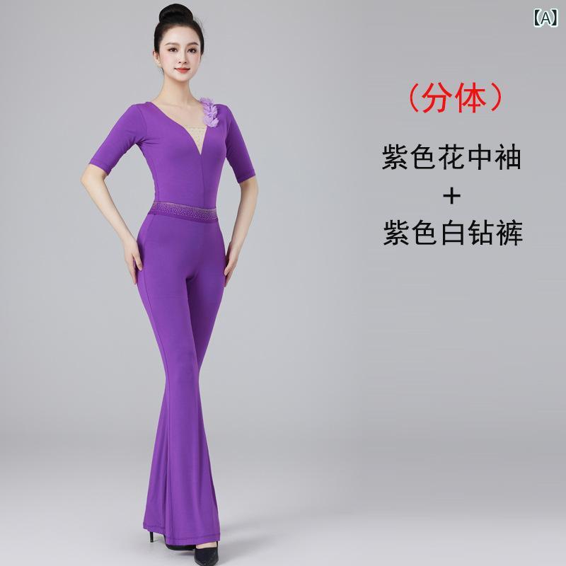 Ladies Wear - レディース ダンス 練習着 セット 形体服 高級感 モダンダンス トップス パンツ モダール 伸縮性 中袖 長袖 花柄 紫色 ブラック 白钻 喇叭 網纱 切り替え 通年用