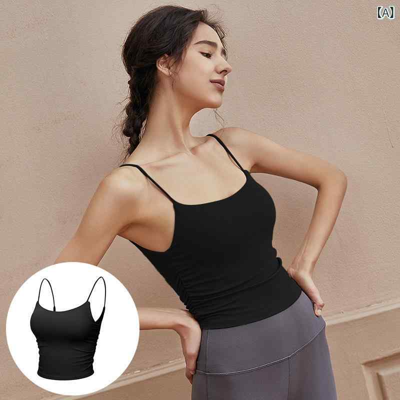 Ladies Wear - スポーツブラ レディース 胸パッド付き ロング丈 美背 吊り下げストラップ 外穿 ランニング 防震 防下垂 ヨガ フィットネス ウェア ブラジャー ニット ナイロン ストレッチ 無ワイヤー 薄カップ 全カップ 固定ストラップ ブラック ホワイト イエロー