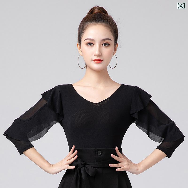 ・カテゴリ: ダンス服・柄: 無地・対象: 女性・袖丈: 七分袖・主な素材: ナイロン・裏地素材: アイス、ナイロン・カラー展開: ブラック、赤・サイズ展開: M、L、XL、XXL、XXXL、4XL・スタイル: ステージ衣装、ラテン舞、国標準舞、現代舞