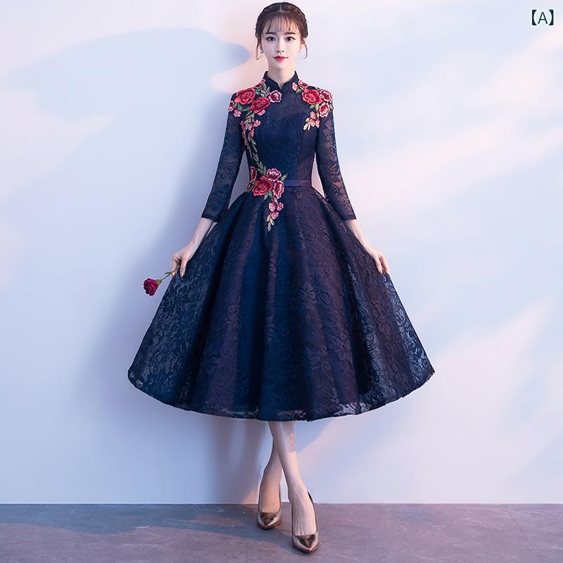 Dresses - チャイナドレス ワンピース 女性用 秋季 秋冬 中長丈 ミドル丈 ロング丈 宴会 結婚式 パーティー ドレス イブニングドレス フォーマルドレス 気品 優雅 Aライン ハイウエスト 中腰 喇叭袖 三分袖 ポリエステル ジッパー 黒 ネイビー ワインレッド