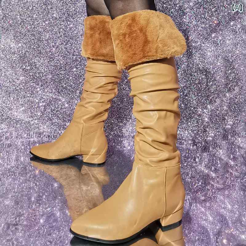 ロングブーツ 男女兼用 低方跟 尖頭 翻折 プーマテリアル ラバーソール 接触冷感コットン内里 高筒 ユニセックス 秋冬 ブラウン系 ビッグサイズ 軽量 通勤 普段使い 伸縮性