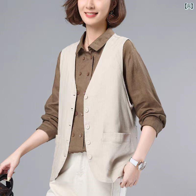 Rakuten - ママスベスター 女性用 レディース 春夏 短丈 Vネック 綿麻 再生繊維 無地 ポケット 単排ボタン 復古 ミディエム 文芸風 米色 コーヒー色 ブラック 薄手 軽量 通勤 普段使い 部屋着