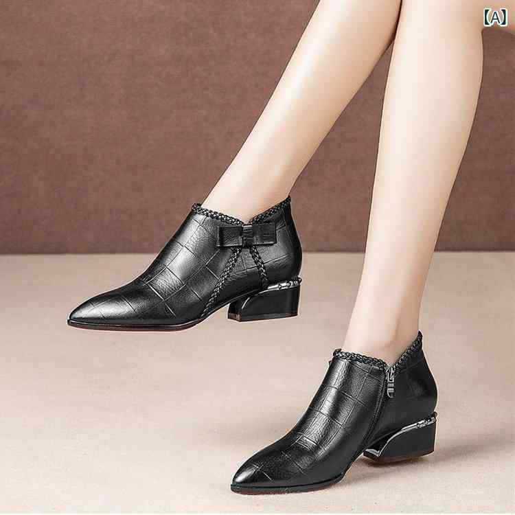 アンクルブーツ レディース 秋冬 尖頭 編み込み 側面ジッパー 方型中ヒール 低め 職業通勤 宴会パーティー 純色 ブラック 米白色 人造PU 超繊内里 ゴム底 PUシューズパッド 接触冷感 透気性 耐摩耗 除臭 増高 軽量 通勤 日常使い