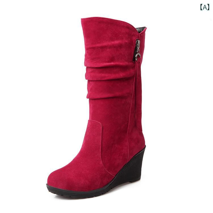 女性 ミドルブーツ 騎士靴 メンズライク スエード ラバーソール ラウンドトゥ ウェッジヒール ミッドヒール ステッチ 防滑 保暖 耐摩耗 伸縮性 コットン内張り 普通厚 セットオン 秋冬 赤 黒 ベージュ グレー 茶色 グリーン