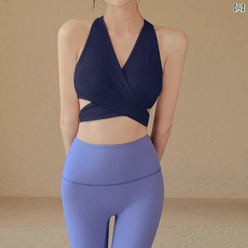 Tops - タンクトップ 女性用 夏 無袖 Vネック 背中美デザイン 胸パッド付き 透気速乾 ナイロン スパンデックス 修身 短丈 ブラック ホワイト ネイビー グレー 晨跑 ピラティス フィットネス 屋外 運動ウェア