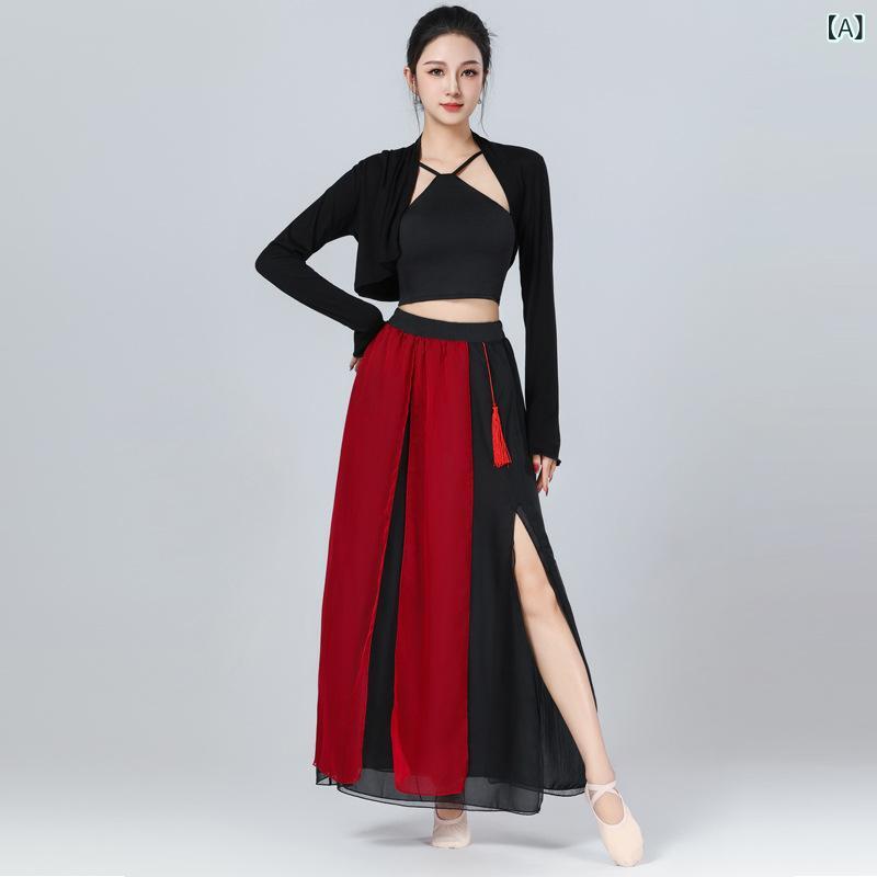 Sportswear - ダンス衣装 レディース 古風 古典 練習着 飘逸 纱衣 舞台衣装 ジャズトップス セット モダール 接触冷感 夏 春夏 秋 吊り下げ ショール スカート 切り替え 伸縮性 軽量 通気性 ステージ 民族舞 ラテン舞 ベリーダンス
