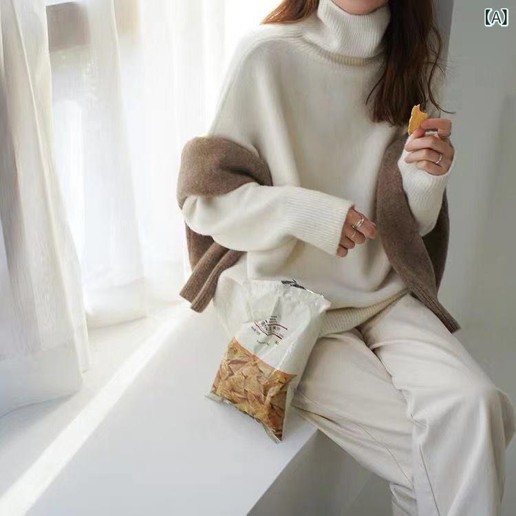 樂天商城 - ニット トップス 女性用 秋冬 気質 通勤 セットイン タートルネック 長袖 切り替え ゆったり ワイドシルエット 厚手 インナー 普段使い 単品 セットアップ 純色 ポリエステル 混 腈纶 中厚 白色 赤 ブラック キャメル 霧霾ブルー 普通丈 50c
