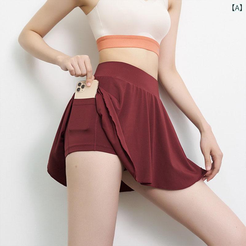 Rakuten - テニス スカート 女性用 春夏 速乾 防走光 高腰 スカート トレーニング ランニング フィットネス ヨガ ショーツ 付き 酒红色 ピンク グレー ブラック 紫 綿混 伸縮性 通勤 普段使い アウトドア 軽量 切り替え デザイン