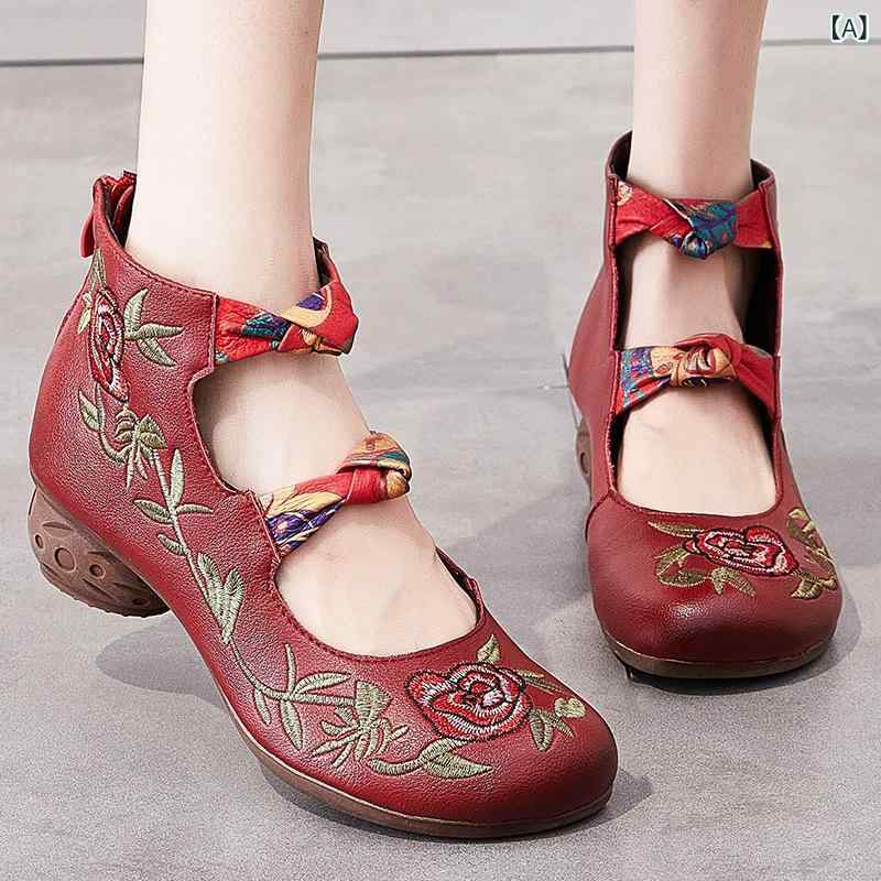 Shoes - 女性 靴 中年 ママシューズ レディース 秋 春秋 真皮 牛革 ソフトソール 粗中跟 刺繍 花柄 浅口 後引き ジップ 丸トゥ 軽量 透気 通気性 日常 普段使い 赤 黒 赤系 黒系 民族風 復古 エスニック 刺繍 花 防水台 バランス 赤 黒