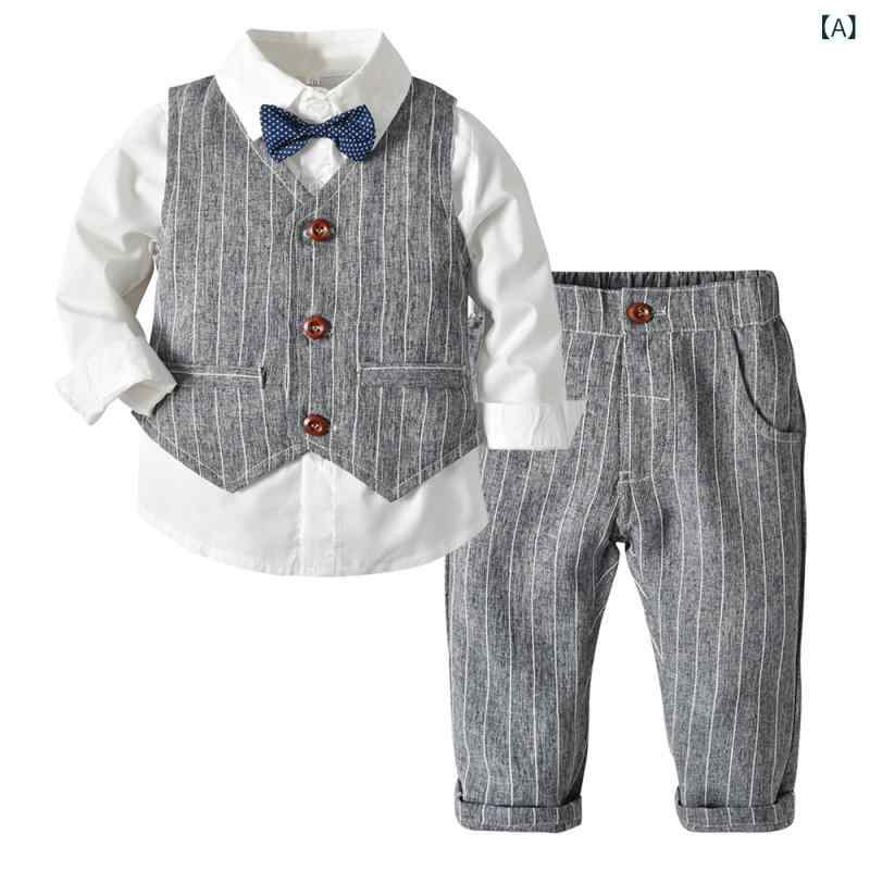 乐天商城 - キッズ 男の子 西装 マセット 3点セット 礼服 ジャケット ベスト 長ズボン 長袖 コットン 柔らか素材 条紋 無地 グレー ライトブルー ベージュ 春秋冬 英倫風 蝶ネクタイ 3〜8歳 中小児 100〜140cm 通学 フォーマル 普段使い カジュア