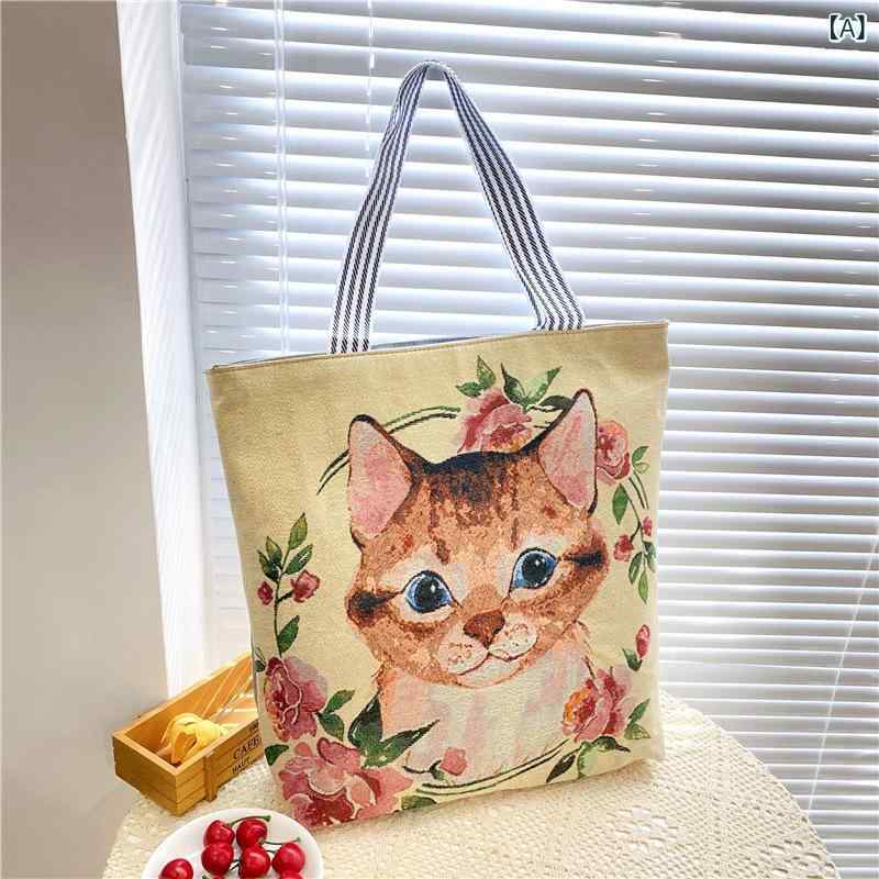 トートバッグ メンズ レディース 大容量 横型 帆布 コットンリネン 刺繍 単肩 肩掛け ジップ 携帯ポケット 敞口ポケット 中硬度 ピンク系 ラビット キャット ドッグ フラワー 蝶結び かわいい キャンバス ショルダーバッグ トート 旅行 普段使い