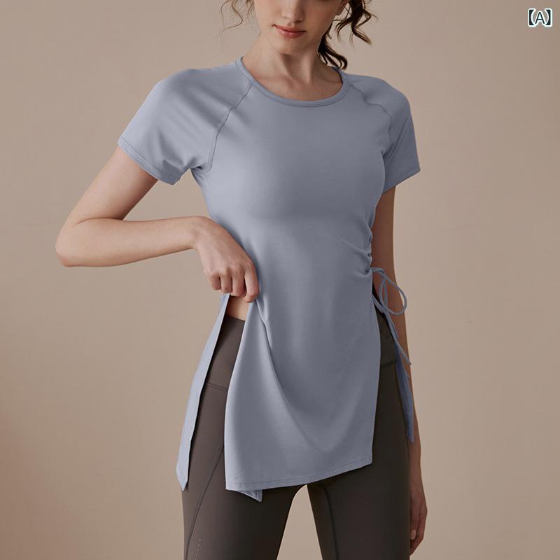 Tops - レディース トップス 短袖 Tシャツ 瑜伽服 長め丈 ピラティス トレーニング セット ヨガパンツ 紐調整 夏用 薄手 通気性 伸縮性 接触冷感 ポリエステル混紡 綿混紡 アニメス タイトフィット ブルー ブラック ホワイト ピンク ブラウン