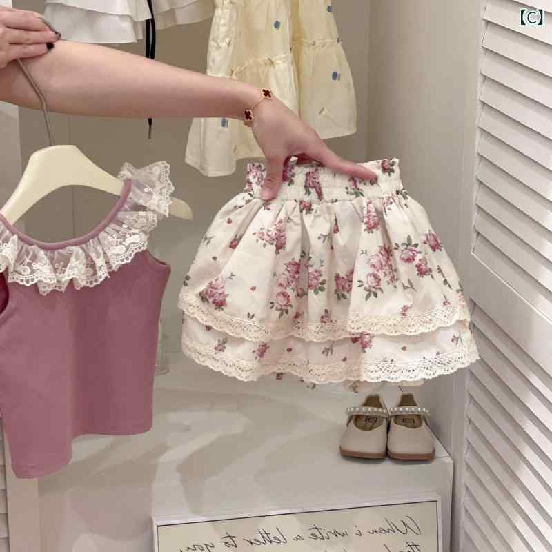 narukiの女児 トップス ショートパンツ セット 夏 子供服 女の子 中小 かわいい 花柄 花辺 綿 柔らか素材 薄手 清涼 通気性 吸湿速乾 短袖 ノーカラー ベビー キッズ 普段使い カジュアル 韓国風｜アングル3