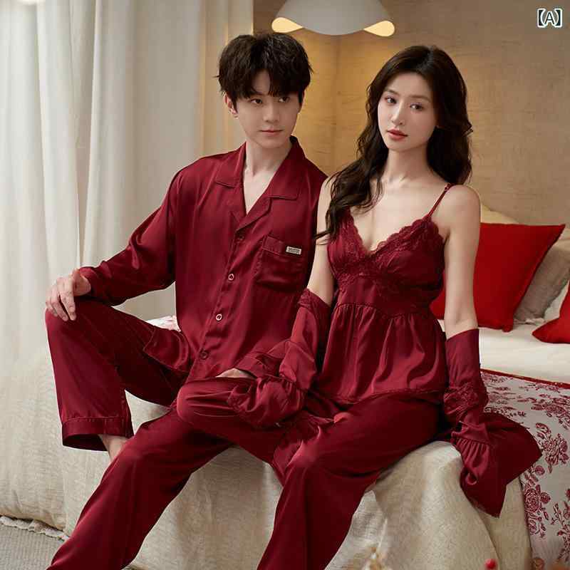 樂天商城 - パジャマセット 男女カップル 結婚 新婚 ワインレッド ブラック ベージュ 接触冷感 吊り紐 ロングスリーブ ガウン ロングパンツ Vネック 薄手 ポリエステル 透気性 快適 居家用 リラックス セクシー スタイル 四季通用