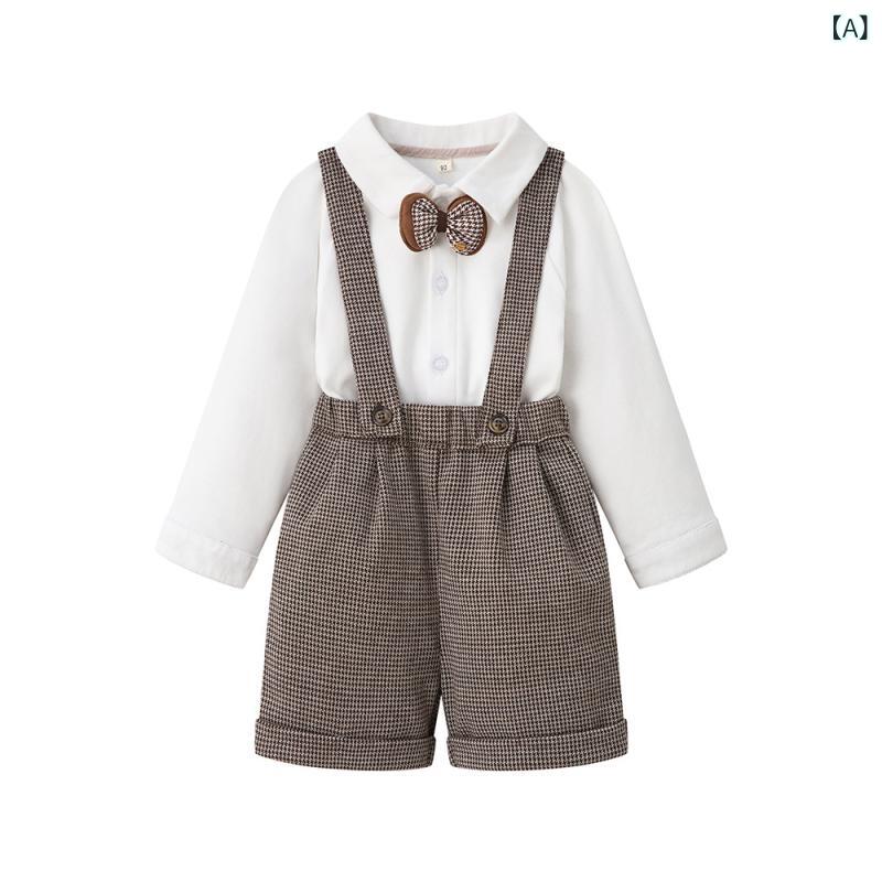 ・カテゴリ: 子供パンツセット・対象: 男児・対象年齢: 1~3歳・スタイル: 英国風・袖丈: 長袖・パンツ丈: ショートパンツ・柄: キャラクター・主な素材: 綿95%・閉じ方: シングルブレスト・要素: セット、サスペンダー、トレンド・カラー展開: ブラウン・サイズ展開: 70cm,80cm,90cm,100cm,110cm
