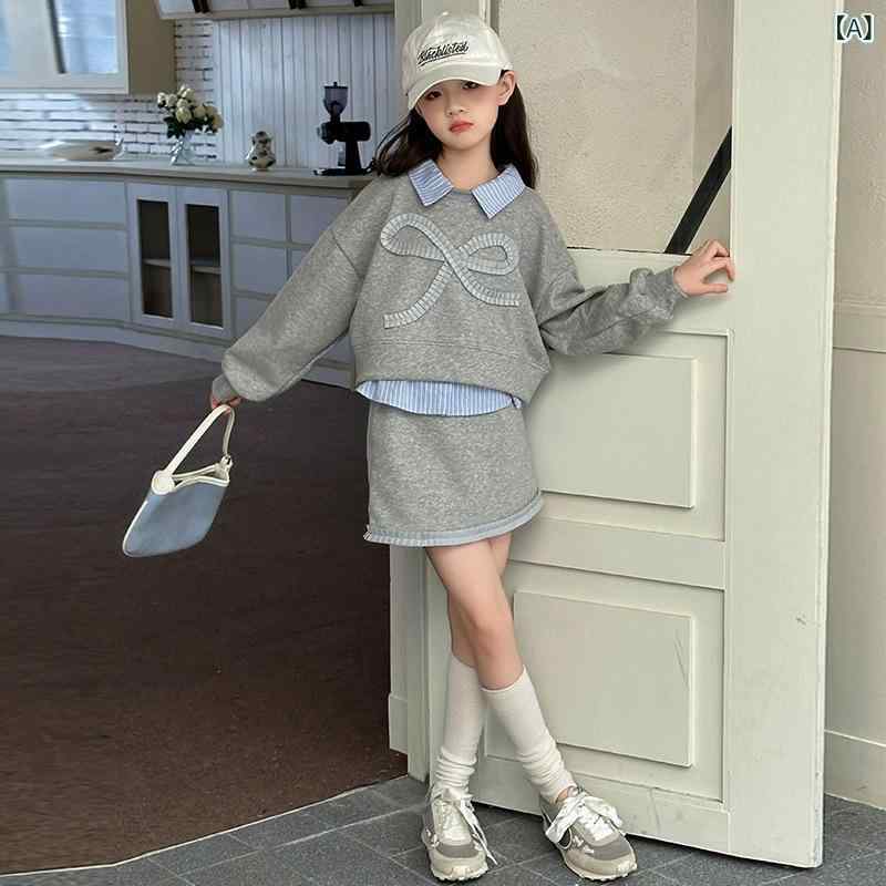 樂天商城 - キッズ 女の子 春秋 スウェット トップス スカート セット 長袖 純色 花辺 リボン かわいい 韓系 学院風 休闲 カジュアル ポリエステル 120cm 130cm 140cm 150cm 160cm 170cm 中大童