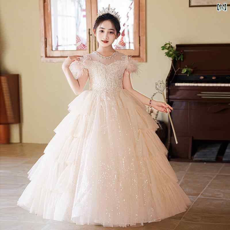 樂天商城 - 女の子 ドレス 女児用 礼服 かわいい プリンセス スカート 香槟色 短袖 長袖 チュール フリル 花柄 フォーマル 結婚式 パーティー 誕生日 宴会 春秋 夏 冬 通年 ポリエステル 混紡 軽量 伸縮性 プリーツ加工 剪毛加工 酵素洗い 仙女風 妖精
