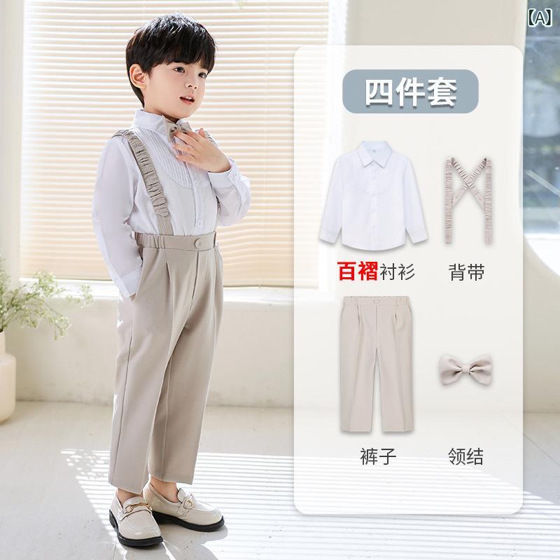 キッズ 男の子 礼服 春夏 長袖 シャツ 背広パンツ 背带 セット 英倫風 化粧纖維 ポリエステル 柔軟 長ズボン 単色 クラス活動 合唱 演出 衣装 卡其 藏青 3〜8歳 通学 普段使い