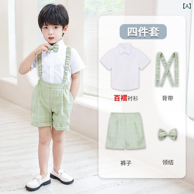 樂天商城 - 子供 男の子 礼服 夏 英倫風 格子柄 馬甲 セット 短袖シャツ ショートパンツ 背広 胸花 ボウタイ Vネック 柔軟素材 化繊混紡 短め丈 緑 グレー 3〜8歳 演出 結婚式 花童 パーティー