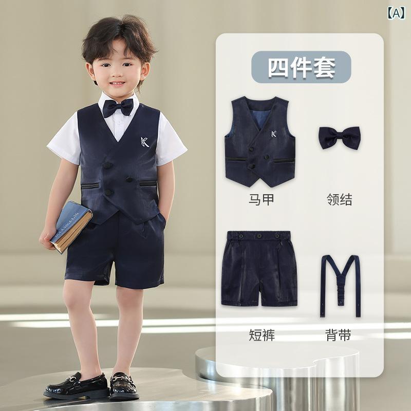 乐天商城 - 子供 男の子 ベスト セット 夏 結婚式 誕生日 礼服 英倫 スタイル Vネック 無袖 短パン 背広 ネクタイ ショート丈 化繊混紡 聚酯繊維 柔軟 接触冷感 吸湿速乾 4点セット 5点セット 紺色 グレー 中小童 3〜8歳 通学 フォーマル 普段使い