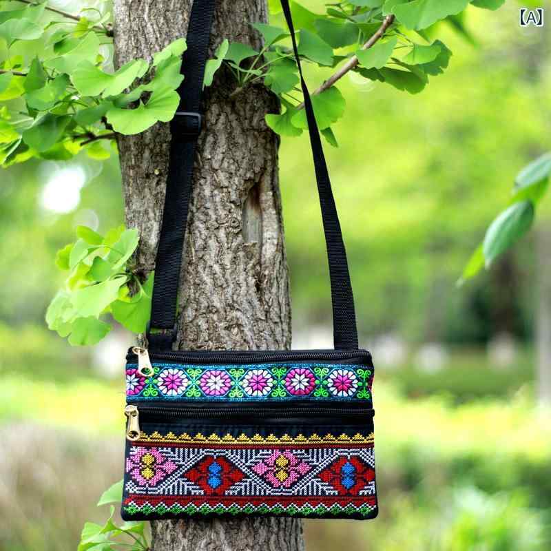 Rakuten - ショルダーバッグ レディース 中年向け 民族風 刺繍 帆布 小方型 横型 花柄 条紋 拉链 携帯入れ コインケース 軽量 中間硬度 単肩掛け 斜めがけ 切り替え 春夏 普段使い 通勤用
